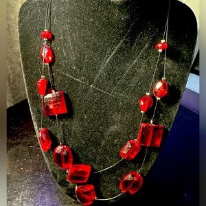 Vintage Geometric Red Clear Bead Necklace, Silver Toned Metal Claw Clasp Closure